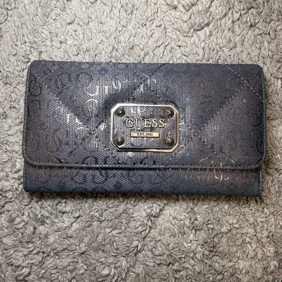 Guess Tri-Fold Faux Leather Wallet Charcoal Gray/Silver Monogram G‎ - Picture 1 of 16